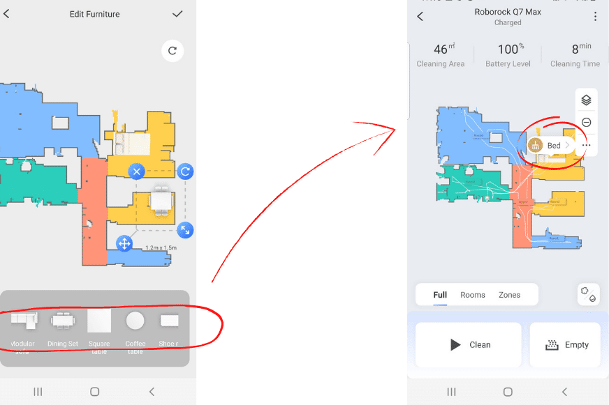 Individual pieces of furniture are placed in the  home map, with the possibility of cleaning around these pieces of furniture by selection.